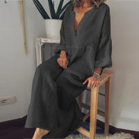 Vestido Casual De Algodón Lino Para Mujer Manga Larga Cuello V Midi Verano Elegante Holiday Weekend Street Dresses - details 1