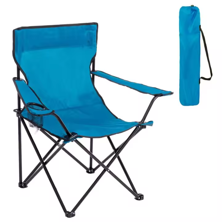 Silla playa camping pesca y caza plegable cierre tijera estructura acero con pintura Epoxi anticorrosión y lona poliéster Oxford 600 D azul, portavasos y bolsa de transporte - 1