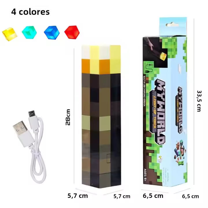 Lámpara De Noche LED Recargable MC Game Torch Color Marrón Para Decoración De Habitación Luz Para Mesa Regalo Para Niños Lámpara De Borde De Cama - 1
