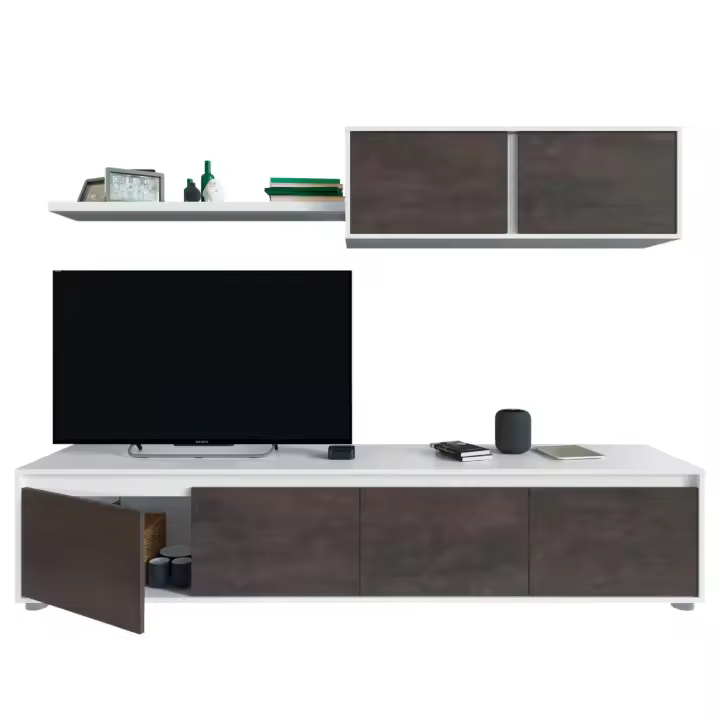 Conjunto para salón compuesto por mueble TV con módulo superior y estante de colgar en blanco artik y óxido - 1