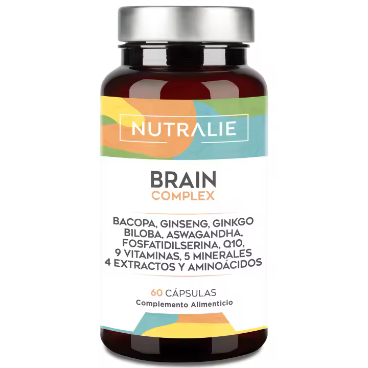 Nootropico Potente Natural - Memoria - Concentración - Energía - Agilidad Mental - Ginkgo Biloba, Bacopa Monnieri, Colina, L-Tirosina, Ginseng + Vitaminas - Brain Complex 60 Cápsulas Nutralie - 1