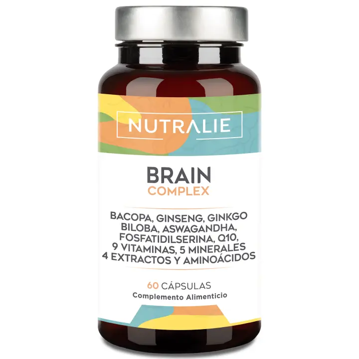 Nootropico Potente Natural - Memoria - Concentración - Energía - Agilidad Mental - Ginkgo Biloba, Bacopa Monnieri, Colina, L-Tirosina, Ginseng + Vitaminas - Brain Complex 60 Cápsulas Nutralie - 1