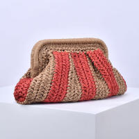 Bolso De Noche Hecho a Mano De Paja Bolso De Mano Estilo Casual Con Patrón Rayado Bolsa De Viaje Para Fiesta Y Vacaciones - details 3