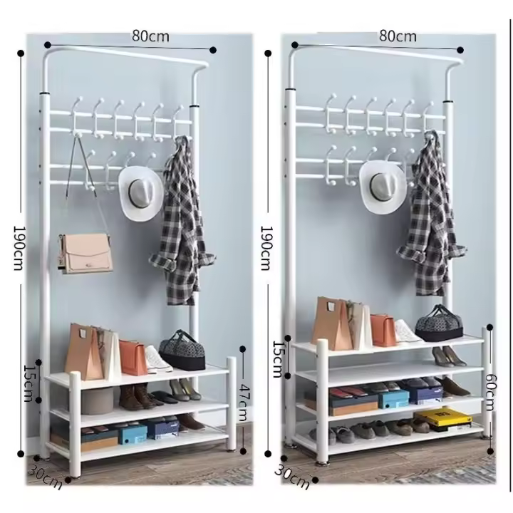 Perchero Blanco con Zapatero de Metal, 22 Ganchos - Altura Aprox. 82x30x190cm - Organización de Ropa y Zapatos - 1