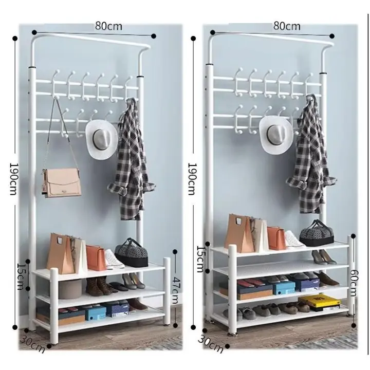 Perchero Blanco con Zapatero de Metal, 22 Ganchos - Altura Aprox. 82x30x190cm - Organización de Ropa y Zapatos - 1
