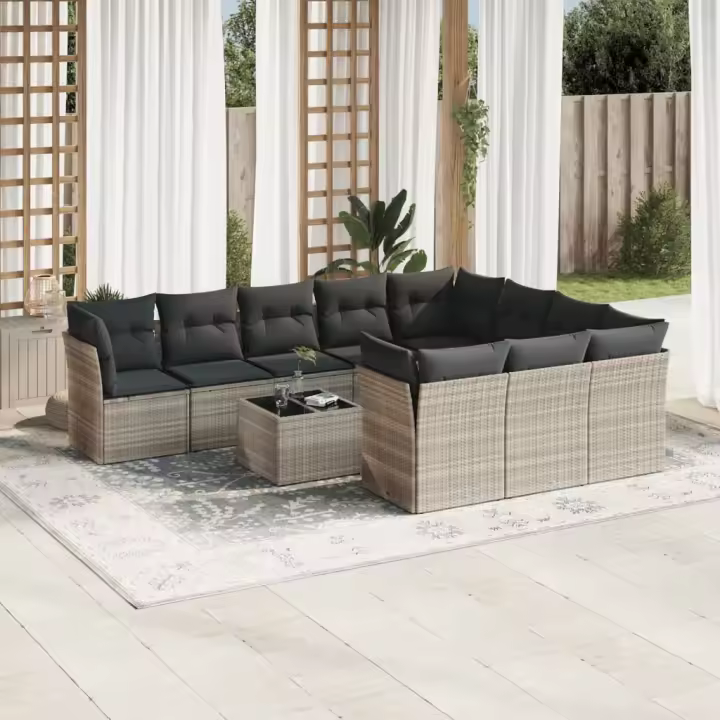 vidaXL Set de sofás de jardín 11 pzas y cojines ratán sintético gris - 1
