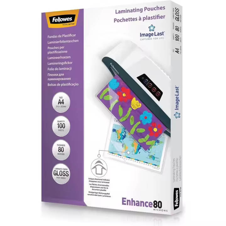 Fellowes Fundas para Plastificar A4 80 Micras Grosor 100 Unidades Transparentes Pack Bolsas para Plastificar Documentos - Acabado Brillante - 5306114 - 1