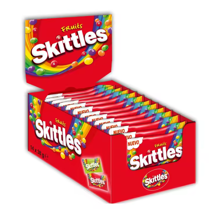 SKITTLES FRUTAS - Caramelos Masticables Sabor Afrutado - Caja De 14 Unidades de 38gr - 1