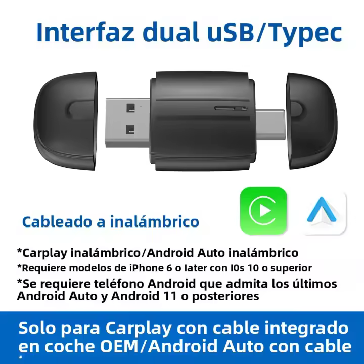 Adaptador Wireless Carplay Android Auto 2en1 Dongle Inteligente USB Tipo-c 5G WIFI Para Volvo Benz Audi Kia Hyundai VW Mazda Cadillac MG - 1