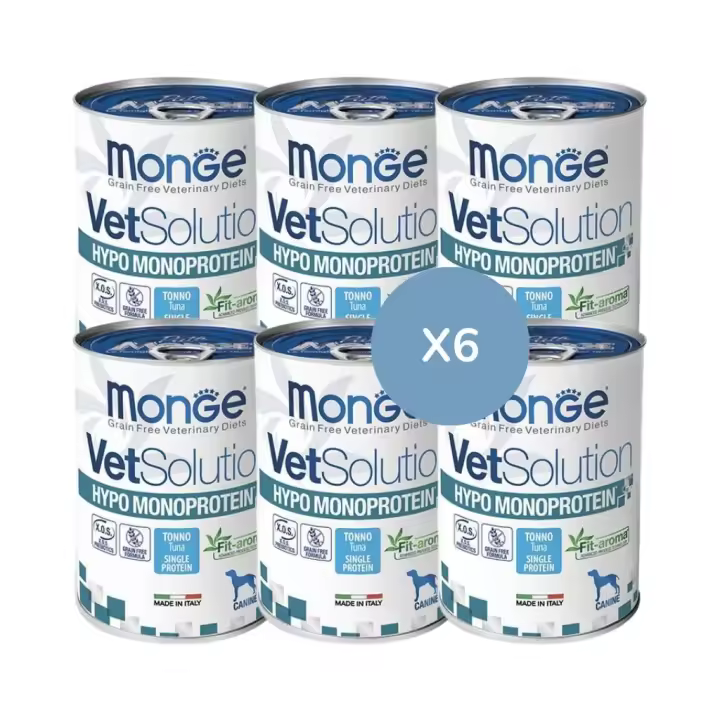 MONGE - VetSolution - Hypo Monoprotein (6x400 gr) - Para Perros Adultos para Reducir las Intolerancias a Ingredientes y Nutrientes de Atún - 1