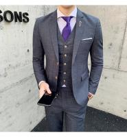 Traje De Tres Piezas Para Hombre Ajustado Con Chaleco Y Pantalones De Alta Calidad Tela De Arte Doble Hebilla Para Boda - details 3