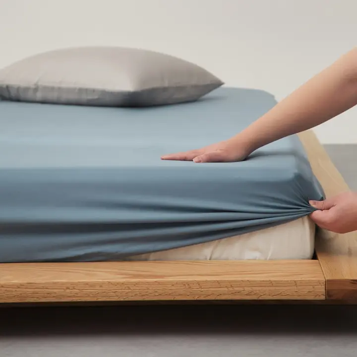 Sábana Ajustable Azul De Fibra De Bambú Eucalipto Para Cama De 1.2/1.5/1.8m Con Cinturones Elásticos Cubierta De Matrás Silky Transpirable - 1