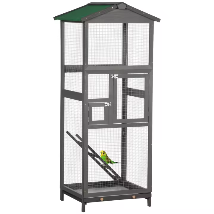 PawHut Jaula para Pájaros Grande 68x63x165 cm Pajarera de Madera de Abeto con 2 Puertas Bandeja Extraíble y Techo Asfáltico Madera - 1