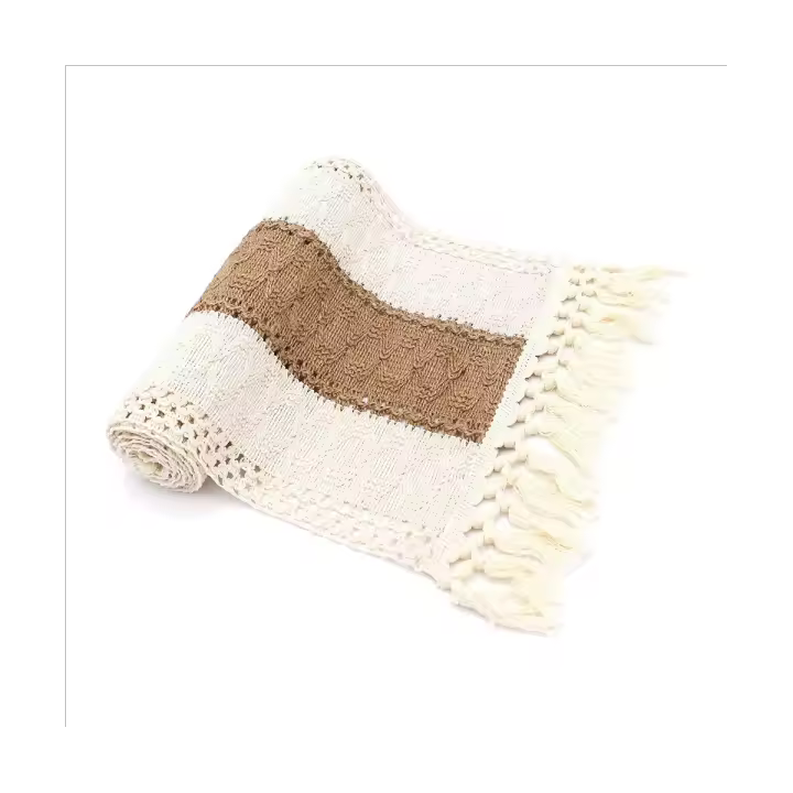 Camino de mesa de macramé para decoración del hogar, 71 pulgadas de largo, bohemio, color crema y marrón, granja, con borlas - 1