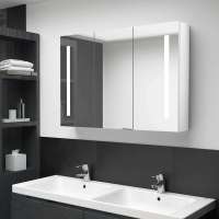 vidaXL Mueble de baño con espejo LED color 89x14x62 cm en color Roble/Blanco brillo/Gris hormigón y más | almacenamiento funcional diseño moderno para baño dormitorio sala - details 1