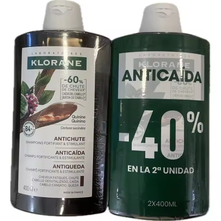 Klorane Champú a la Quinina– Anticaída y Estimulante para Cabello Debilitado – 2x400ml 2ºud 40% - 1