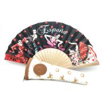 Abanico Plegable con Funda. Tela Estampada sobre Madera. Dibujos de la Cultura española (Bailaoras de Flamenco Fondo Negro). Funda de Lona de Alta Calidad y Fabricada en España - details 0