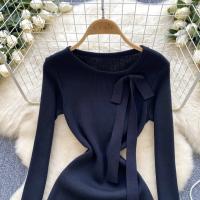Vestido Corto Tejido Y2K Para Mujer Con Botones Cuello En V Diseño De Corbata Slim Para Oficina Estilo Chic Temporada Otoño - details 8