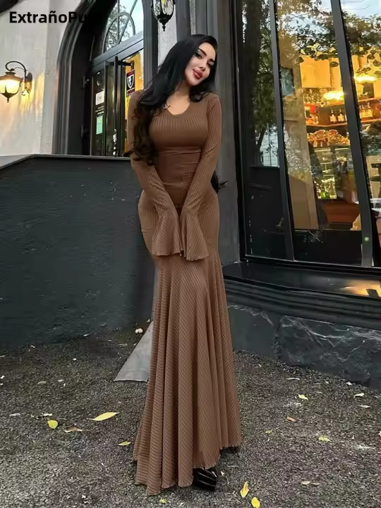 Vestido Elegante De Mujer Con Ribbing Y Volantes En Manga Acolchada Estilo Clásico Bodycon Ajustado Con Cierre De Lazo O-Neck Solido De Tendencia Streetwear Spandex Polyester - 1