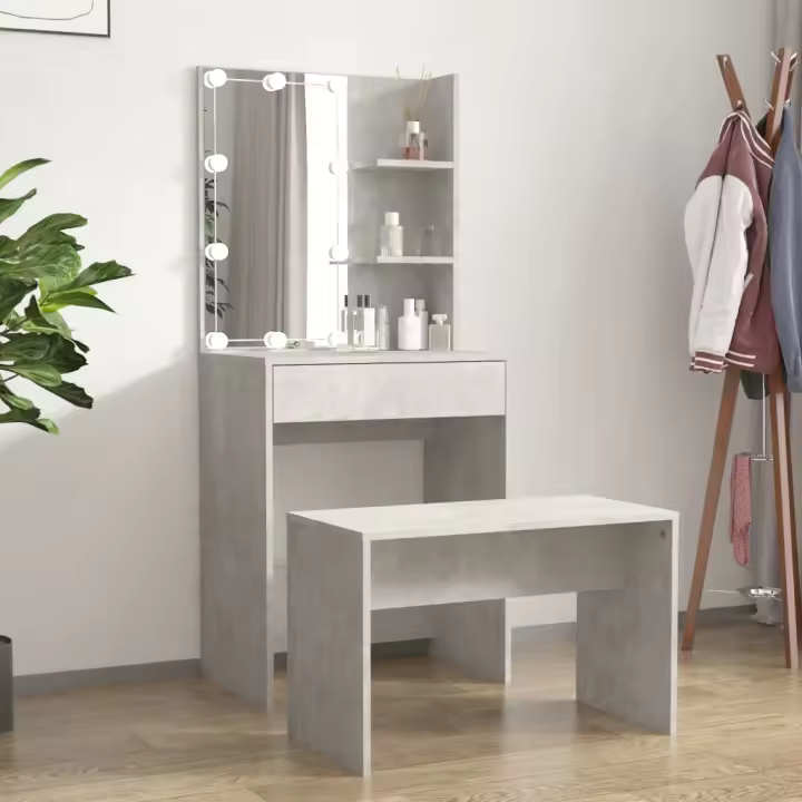 vidaXL Juego de tocador con LED madera contrachapada gris hormigón - 1