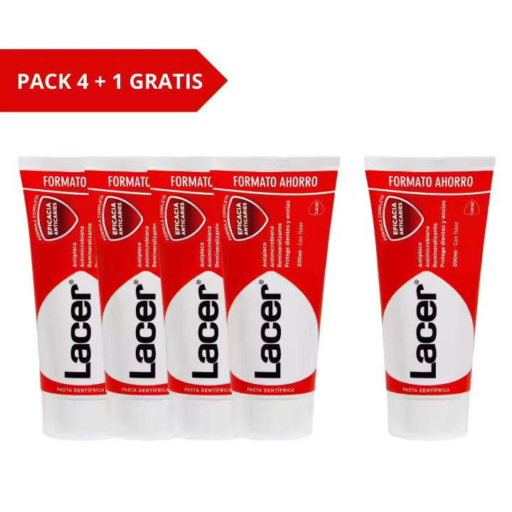 LACER - Pasta de Dientes Pack 4 x 200ml + 1 GRATIS, Previene la Caries, Mantiene la Boca Sana, Alto Contenido en Flúor, Evita la Formación de la Placa Dental, Fortalece el Esmalte, Acción Antimicrobiana, de Lacer - 1
