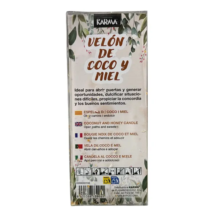KARMA - Velón de Coco y Miel para Abrir Caminos y Oportunidades y Armonizar | Velón Especial Abrecaminos para Dulcificar Situaciones Difíciles, Proporcionar Concordia y Buenos Sentimientos | Vela Hecha en España con Miel y Coco Incrustado. - 1