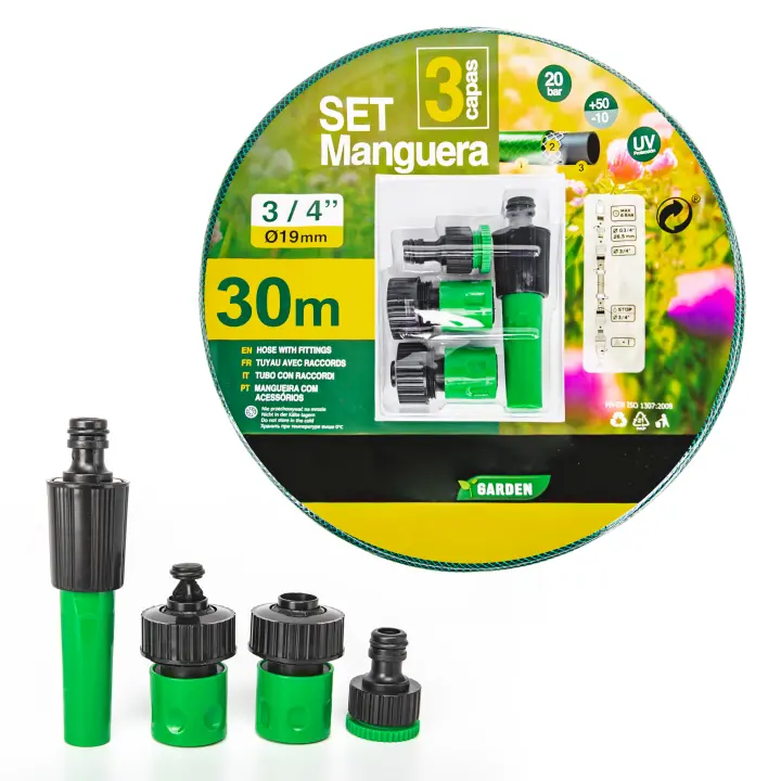 NQT Manguera de Agua de Jardín para Riego Reforzada 3 Capas Presión de rotura de 20 bar 1/2" Pulgadas 12mm, 3/4" Pulgadas 19mm, Set Manguera con Conexión y Boquillas para Riego Reforzada 3 Capas 10 15 20 25 30Metros - 1