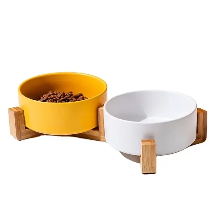 COTTECOTA-2 Piezas Cuenco de Ceramica Comedero y Bebedero para Perros y Gatos elevados Cuencos para Mascotas ceramica Pequeño y Grande Color Aleatorio Cuenco Elegante con Soporte Bambu Cuenco de Comida o Cuenco de Agua para Perros Pequeños y Medianos - 1