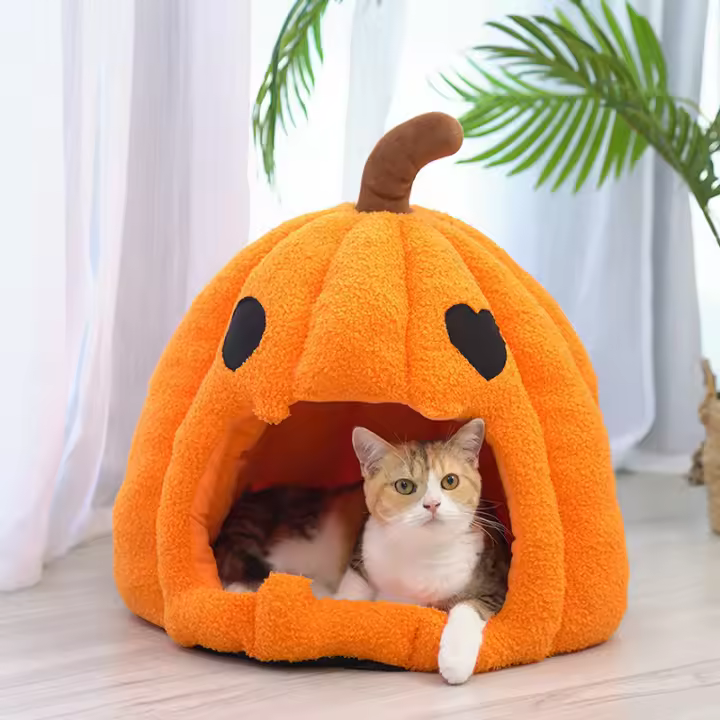 Casa De Gato Y Perro Con Diseño De Calabaza De Halloween Cama Acolchada Para Mascotas Caliente Para Otoño E Invierno Alfombra Para Mascotas - 1
