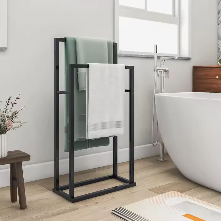 Toallero de pie, soporte, soporte y estante de secado de toallas con toallero de 2 niveles para baño y toalla de mano, color negro - 1
