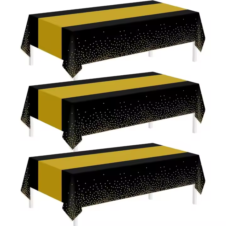 Paquete de 3 manteles de Año Nuevo, manteles negros y dorados para mesas rectangulares, decoraciones de Año Nuevo, mantel de plástico desechable de 54" x 108" - 1
