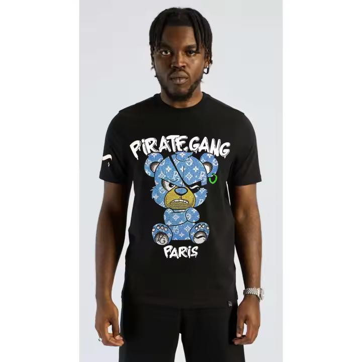 Camiseta PirateGang París Negra Pedrería Brillante Oso Azul - 1