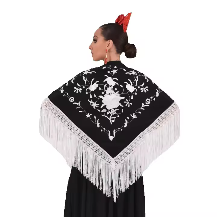 Mantón mediano negro con bordado y flecos blancos Anuka - 1