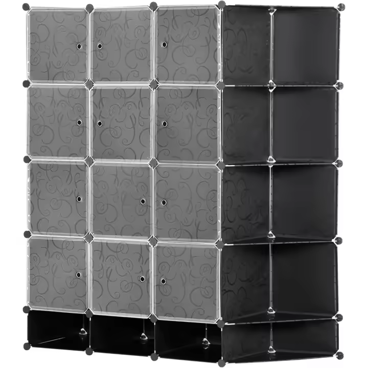 Armario Modular de Plástico Armario Portátil con 16 Cubos y 2 Barras Organizador de Zapatos Ropas Juguetes para Entrada Pasillo Dormitorio Negro y Blanco - 1