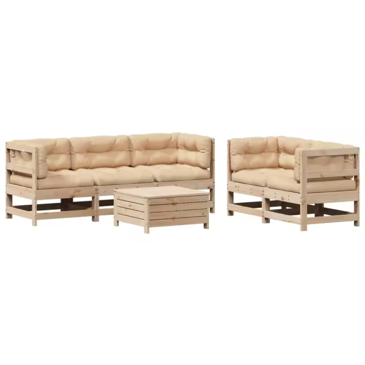 vidaXL Juego de muebles de jardín 6 pzas y cojines madera maciza pino - 1
