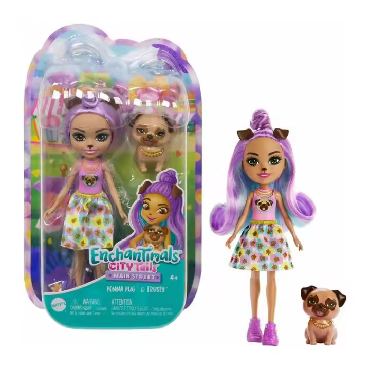 Mattel Enchantimals City Tails - Muñeca Penna Pug y Figura Trusty con Detalles de Fantasía - 1