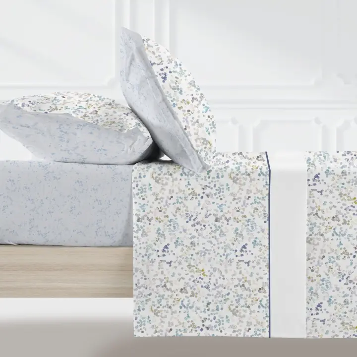 Manterol - Juego de sábanas estampado geométrico círculos azules. Calidad 50% Algodón 50% Poliéster. Incluye bajera ajustable, encimera y fundas de almohada. Sábana ligera y fresca, ideal para primavera, verano y entretiempo. - 1
