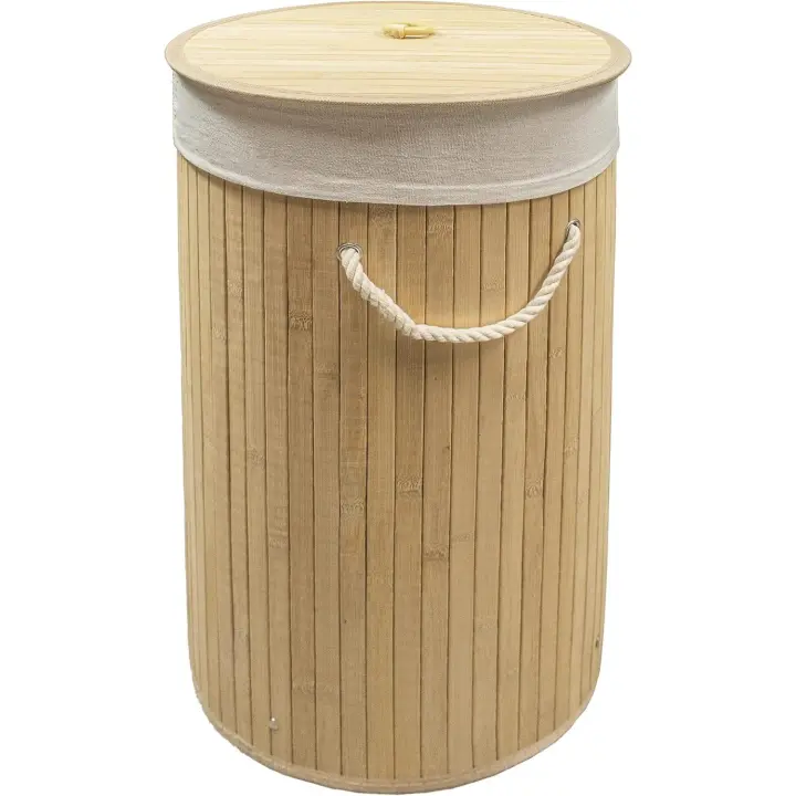 NQT Cesto Ropa Sucia Bambú con Tapa Plegable - Cesta Cubo para Colada con Asa Rectangular Redondo - 1
