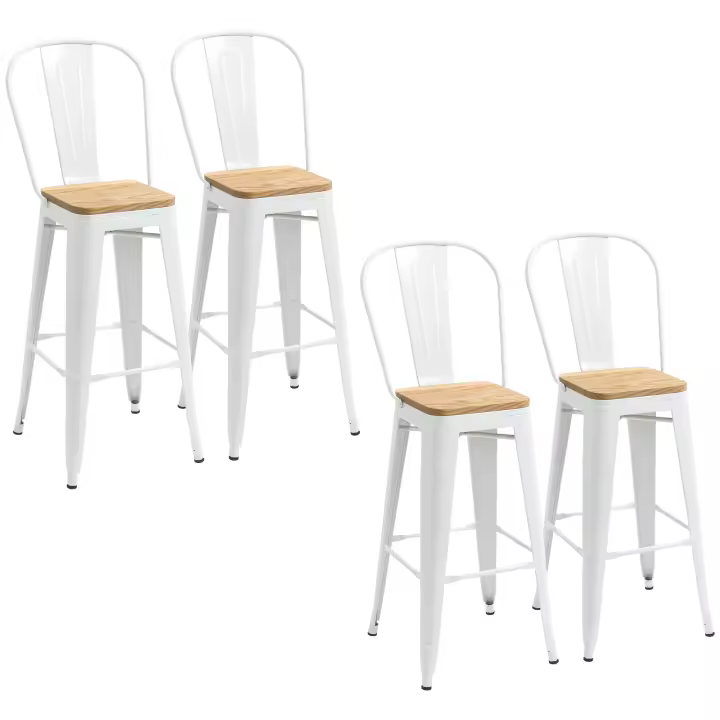 HOMCOM Juego de 4 Taburetes Altos de Cocina Apilables con Respaldo Alto Taburetes de Bar con Reposapiés Asiento de Madera y Marco de Acero Carga 120 kg 44x48x117 cm Blanco - 1