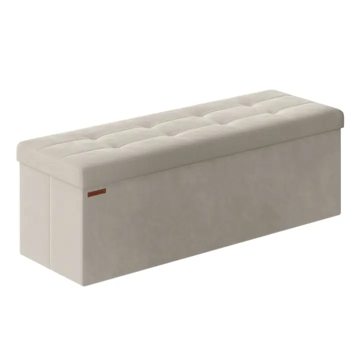 SONGMICS Puff Almacenaje, Banco Almacenaje Terciopelo Plegable, Divisor Extraíble, 2 Cajas Almacenaje, 38 x 110 x 38 cm, Carga 300 kg, para Entrada, Sala de Estar, Dormitorio, Blanco Crema/Gris Paloma/Negro Tinta/Rosa Caramelo/Gris Pizarra - 1