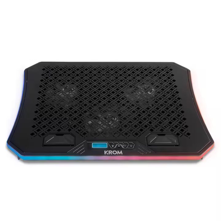 KROM KOOLER -Base Refrigeradora para portátiles hasta 19", 6 Ventiladores, RGB, Soporte para Smartphones, Display LCD y HUB USB, Negro - 1