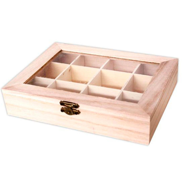 Tradineur - Caja de madera con 12 compartimentos y tapa con cristal, expositor de joyas, organizador, joyero, collares, anillos, 21,5 x 18 x 4 cm