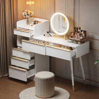 Cómoda with Espejo LED Iluminado Regulable (Luz Fría/Caliente) | 6 Cajones with Tiradores Dorados en Bronce + Mesita Extensible | Diseño Moderno Blanco Matt-102x100x41.5 cm | Ideal para Baño/Dormitorio - Sin Taburete, montaje Facil - details 2