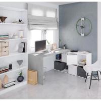 Meimon Mesa escritorio ADAPTA PLUS reversible con buc de 2 puertas y 4 huecos, opción rinconera, con estructura de tablero melaminizado de 18mm, disponible en Blanco Artik y Cemento, máxima capacidad de 25kg, ideal para oficina - details 0