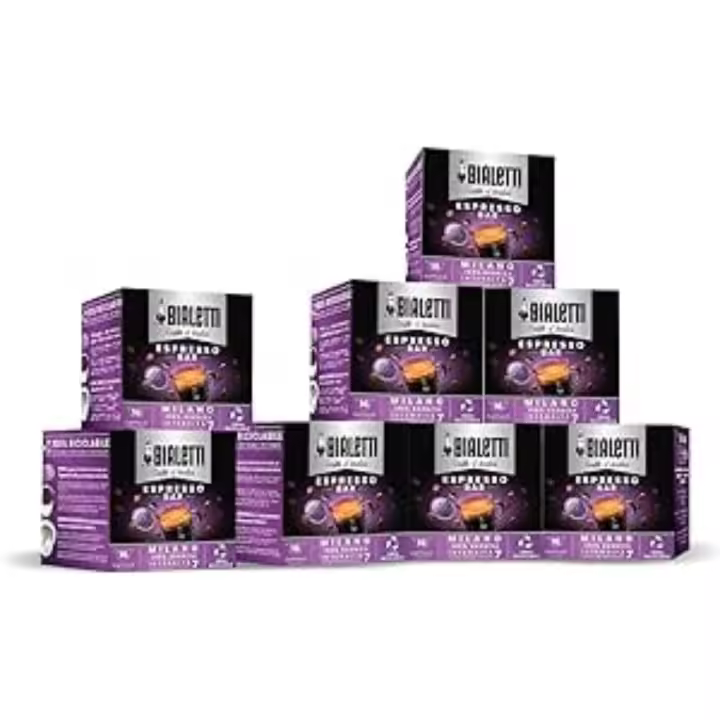 Bialetti Caffè d'Italia - Multipack 128 Cápsulas, 8 Cajas de 16 Cápsulas, Milano, Roma, Napoli, Deka - Compatible con Máquinas Bialetti Sistema Cerrado, 100% Aluminio - 1