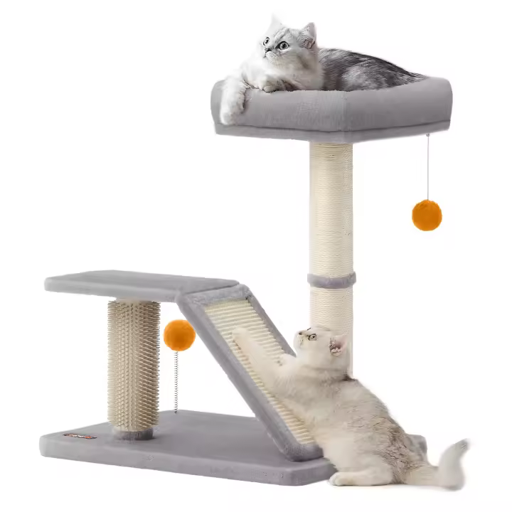 Rascador con Cama y Rampa Giratoria, Plataforma, Auto-Aseador y Pompones, Árbol para Gatos de Interior, Gris Claro - 1