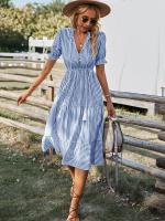 Vestido Largo Medio Casual De Rayas Para Mujer Con Borlas Cuello V Manga Corta Estilo A-Line Primavera Verano Polyester - details 10