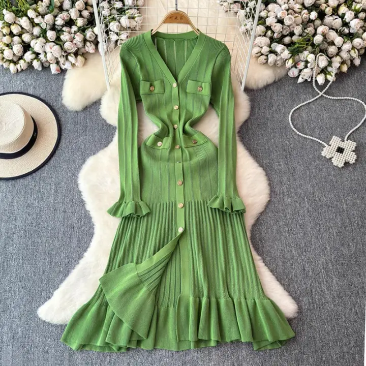 YuooMuoo Vestido Maxi Tejido Otoño Invierno Mujer Elegante V-cuello Botones Cintura Delgada Volantes Suéter Vestido Fiesta - 1