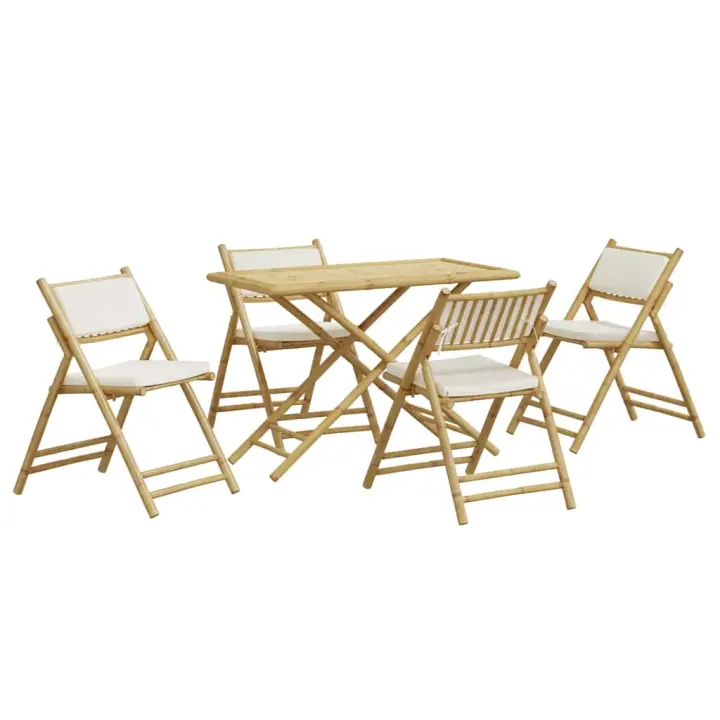 vidaXL Juego de bistró plegable con cojines 5 pzas bambú blanco crema - 1