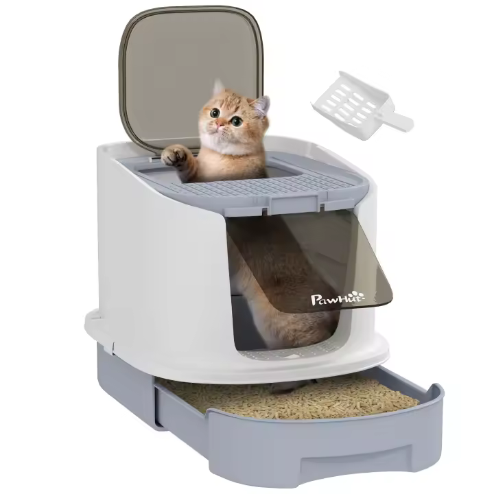 PawHut Arenero para Gatos Cubierto Caja de Arena para Gatos Arenero Cerrado para Gatos con Entrada Frontal Salida Superior Tapa Removible Bandeja Extraíble y Pala 40,5x52,5x42,5 cm Blanco y Gris - 1